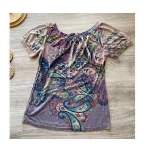 Multi-Colored Purple Y2K Tattoo Style Art Print T Shirt Women's XL Top Paisley
